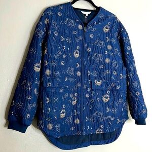 Johnny Was Quilted packable zodiac bomber jacket small blue gold new with tags